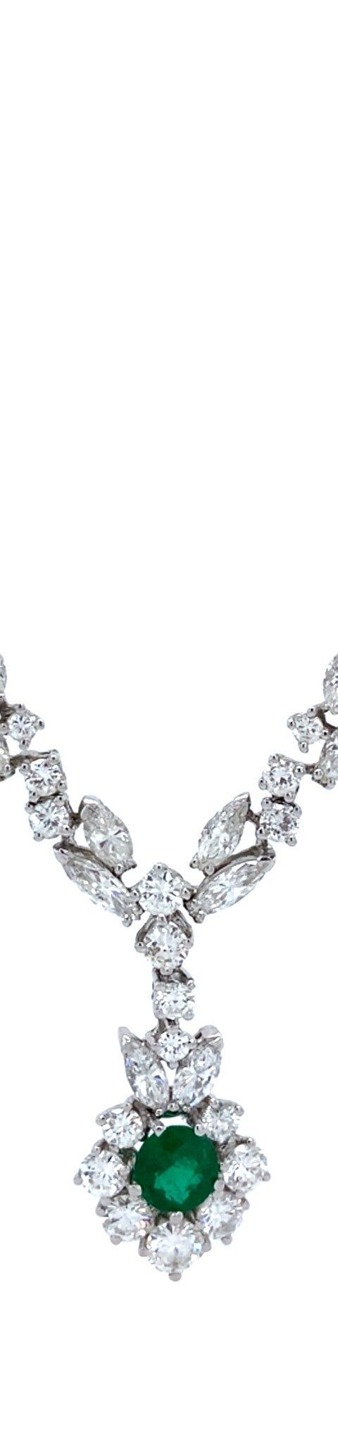 Vintage 14K White Gold Cluster Necklace with Diamond and Emerald Pendant